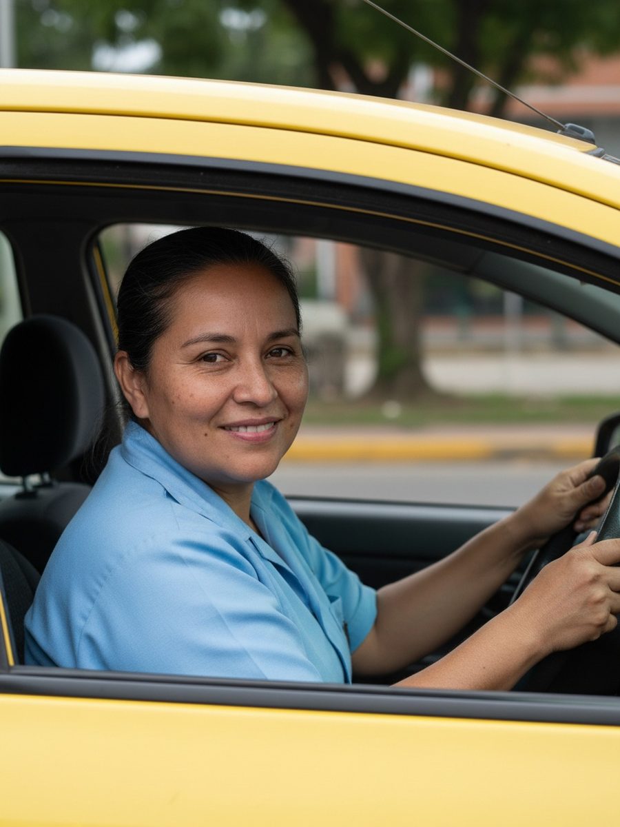 Marleny, propietaria de taxi en Bogotá, junto a su vehículo