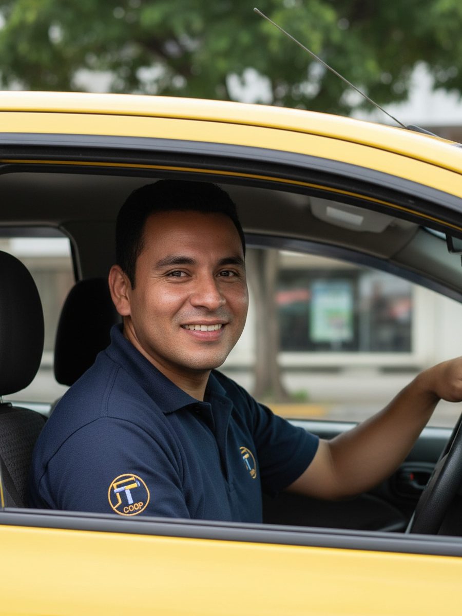 Ricardo, conductor de taxi en Bogotá, junto a su taxi amarillo en la noche
