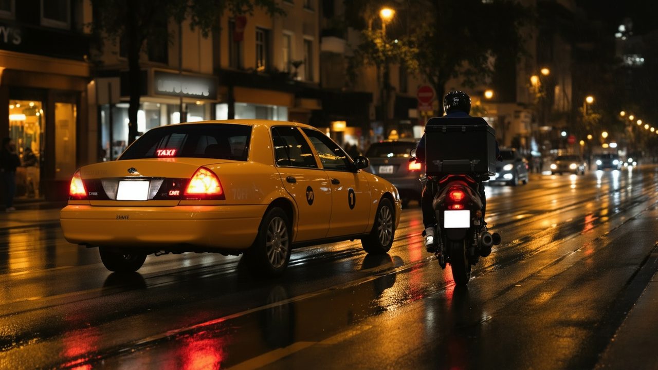 Taxi amarillo y moto de reparto circulando de noche por una avenida mojada