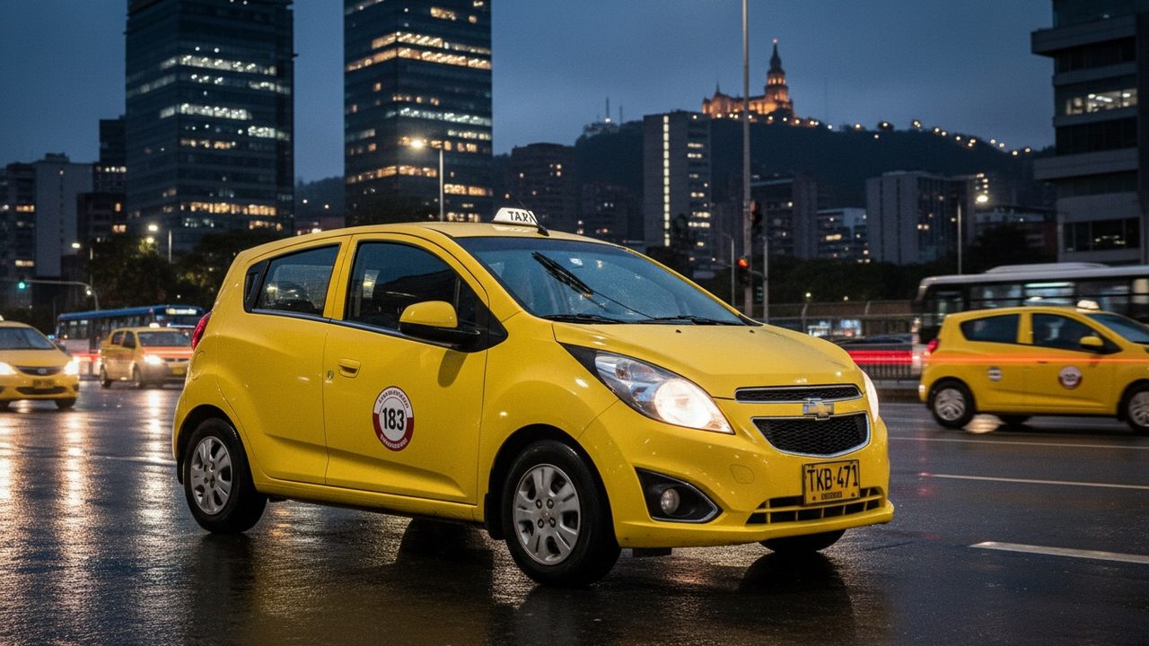 Taxi amarillo trabajando de noche en una avenida de Bogotá