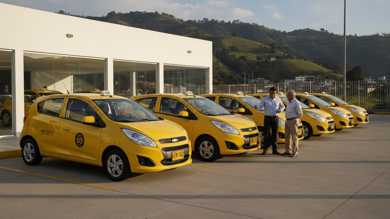 Fila de taxis amarillos nuevos en el patio de una vitrina, con dos hombres conversando al lado